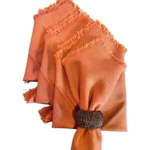 Vintage woven cloth napkins fringe edge burnt orange table dining party set 4